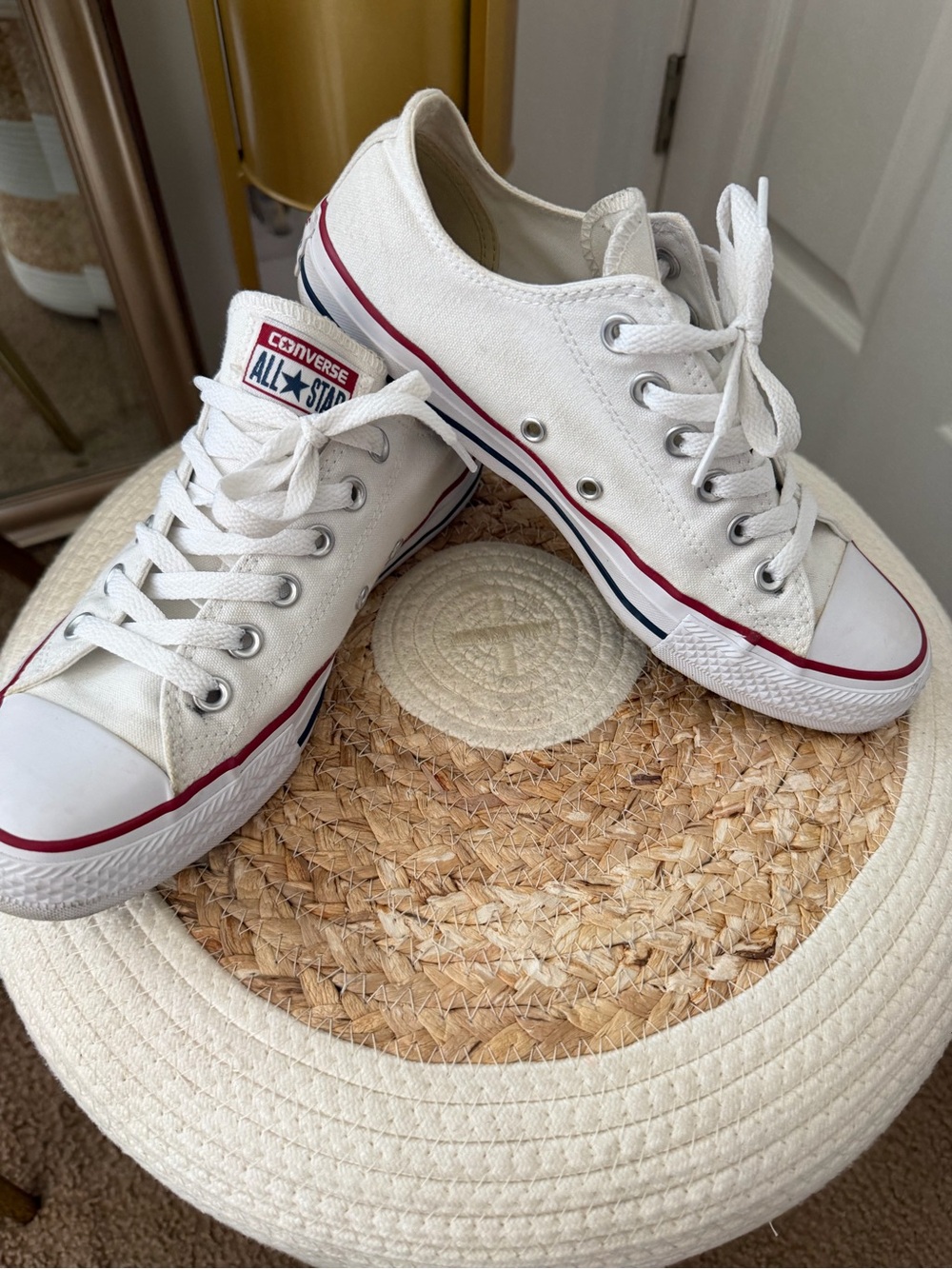Converse women’s White Canvas Low Top Sneakers with Red & Navy Trim